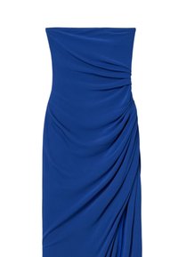 Blaues, figurbetontes Kleid mit gerafftem Stoff an der Seite, trägerloses Design, hergestellt aus glattem Material und zeichnet sich durch eine elegante Silhouette aus.