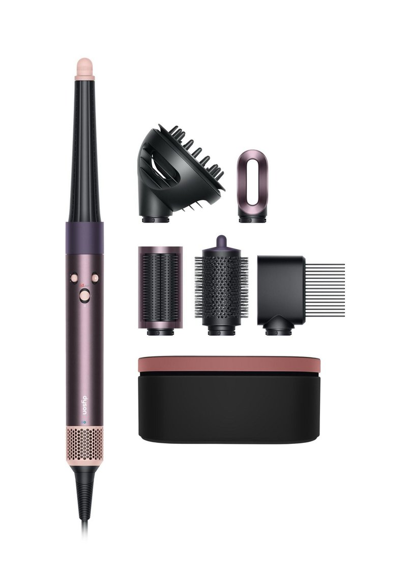 Hårstylingsværktøj med seks aftagelige vedhæftninger, herunder krøllejern, diffuser, runde børster, kam og opbevaringskasse.