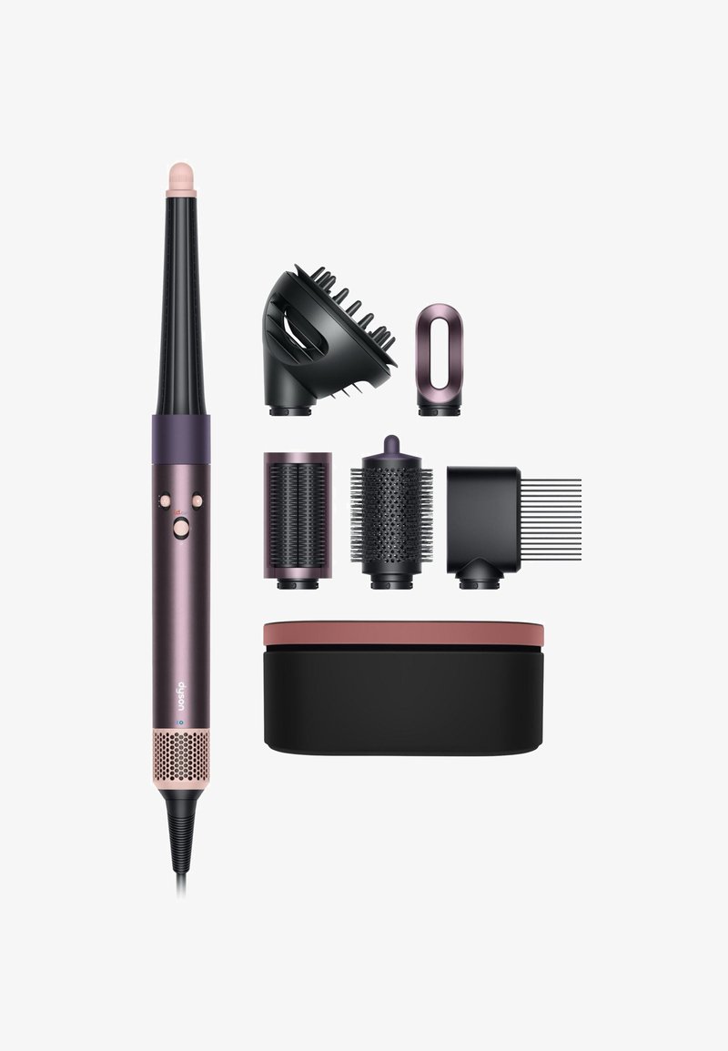 Hårstylingsværktøj med seks aftagelige vedhæftninger, herunder krøllejern, diffuser, runde børster, kam og opbevaringskasse.