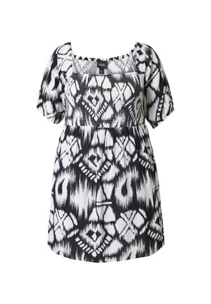 Tunica bianca e nera con scollatura quadrata, maniche a sbuffo corte e un motivo geometrico astratto, realizzata in tessuto leggero.