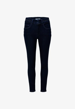 Donkerblauwe denim skinny jeans met traditioneel ontwerp van vijf zakken, subtiele stikseldetails en een standaard tailleband met knoopsluiting.