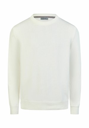 Weißer langärmliger Strickpullover mit Rundhalsausschnitt und Rippbündchen an Ärmeln und Saum, innen am Kragen mit der Marke Pierre Cardin versehen.