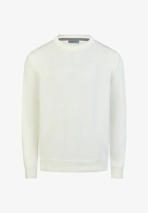 White long-sleeve knit sweater with crew neck and ribbed cuffs and hem, labeled Pierre Cardin inside the collar.