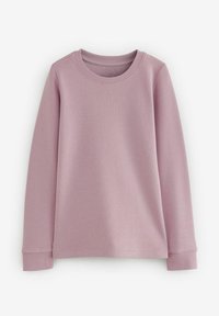 Helles rosa langärmliges Rippoberteil mit Rundhalsausschnitt. Verfügt über eine glatte Textur und enganliegende Bündchen. Einfaches Design ohne Muster oder Akzente.