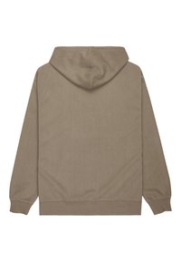 Sudadera marrón de canalé con capucha curvada, mangas largas y dobladillo redondeado. Textura suave con un estilo minimalista.