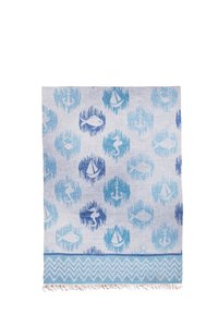 Blue and white towel with nautical patterns including anchors, seahorses, fish, sailboats, crabs, and a zigzag border with fringe.