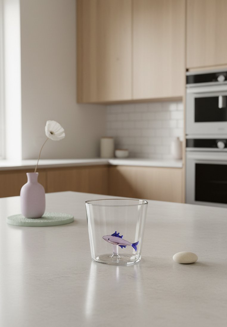 Szklanka z małą fioletową figurką ryby w środku na blacie kuchennym, obok różowego wazonu z pojedynczym białym kwiatem.