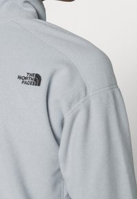 Jasnoniebieski polarowy sweter z wysokim kołnierzem, z czarnym logo "The North Face" na lewym ramieniu oraz przeszyciami.
