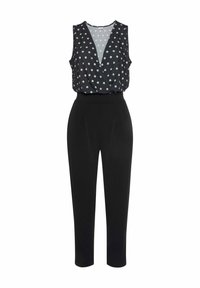 Zwarte jumpsuit met een mouwloze top met een zwart-wit stippenpatroon en een hoge taille. Glad stof met een losse pasvorm.