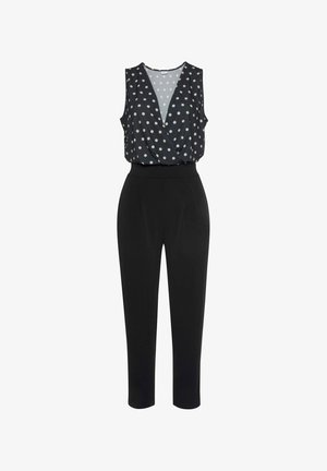 Zwarte jumpsuit met een mouwloze top met een zwart-wit stippenpatroon en een hoge taille. Glad stof met een losse pasvorm.