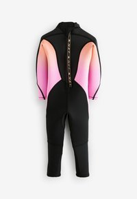Une combinaison de plongée noire avec des manches en dégradé rose, dotée d'une fermeture éclair avant et d'une coupe ajustée. Conçue en néoprène, idéale pour les activités aquatiques.