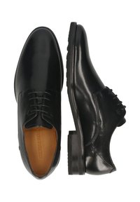 Scarpe eleganti in pelle nera con finitura liscia, caratterizzate da una punta tondeggiante, design con lacci e tacco basso impilato.