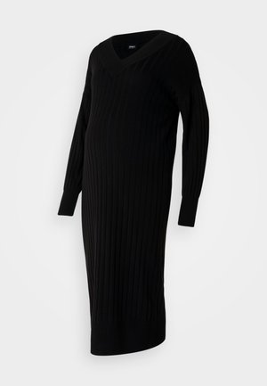 Schwarzes geribbeltes Strickkleid mit V-Ausschnitt, langen Ärmeln und einem Seitenschlitz. Hat eine taillierte Silhouette, die auf Komfort ausgelegt ist.