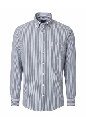 Langärmeliges Hemd mit blauen und weißen vertikalen Streifen, einem Button-Down-Kragen und einer Brusttasche auf der linken Seite.