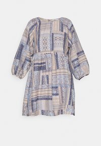 Bedrucktes Kleid in einer Mischung aus hellbeige, blau und marineblau. Lockerer Schnitt mit Ballonärmeln, Rundhalsausschnitt und strukturiertem Muster.