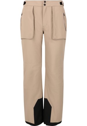 Helle beige Outdoor-Hosen mit zwei großen Fronttaschen, schwarzen Knieakzenten, einer Reißverschlusstasche und Knopfverschlüssen an der Taille.