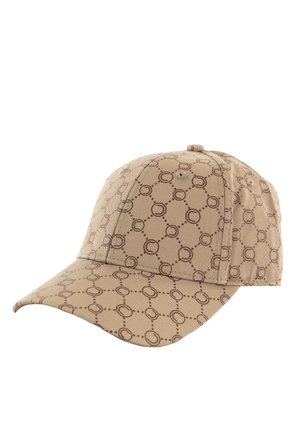 Gorra beige hecha de tela con un patrón circular marrón repetido. Presenta un visera curva y un botón en la parte superior.