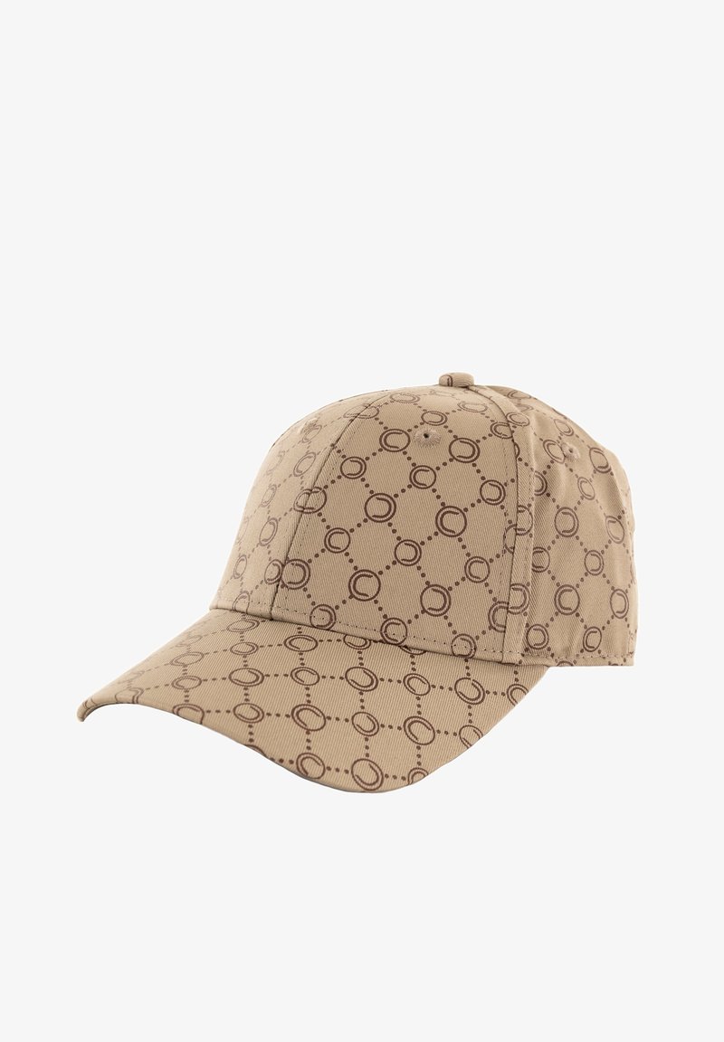 Casquette beige en tissu avec un motif circulaire brun répétitif. Elle présente une visière courbée et un détail de bouton sur le dessus.