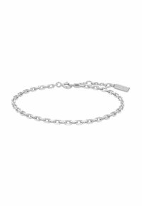 Bracciale in argento con maglie ovali, chiusura a langosta e un tag rettangolare incisa con il nome del marchio. Finitura liscia e lucida.