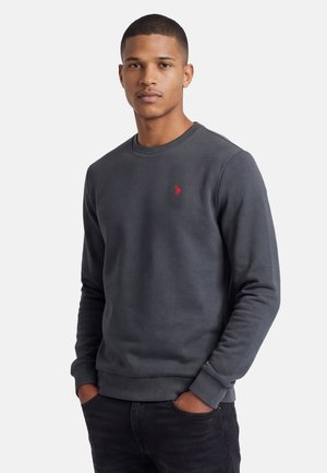 Junger Mann trägt einen dunkelgrauen Sweatshirt mit Rundhalsausschnitt und kleinem rotem Logo auf der Brust, Hände in den Taschen, schaut nach vorne.