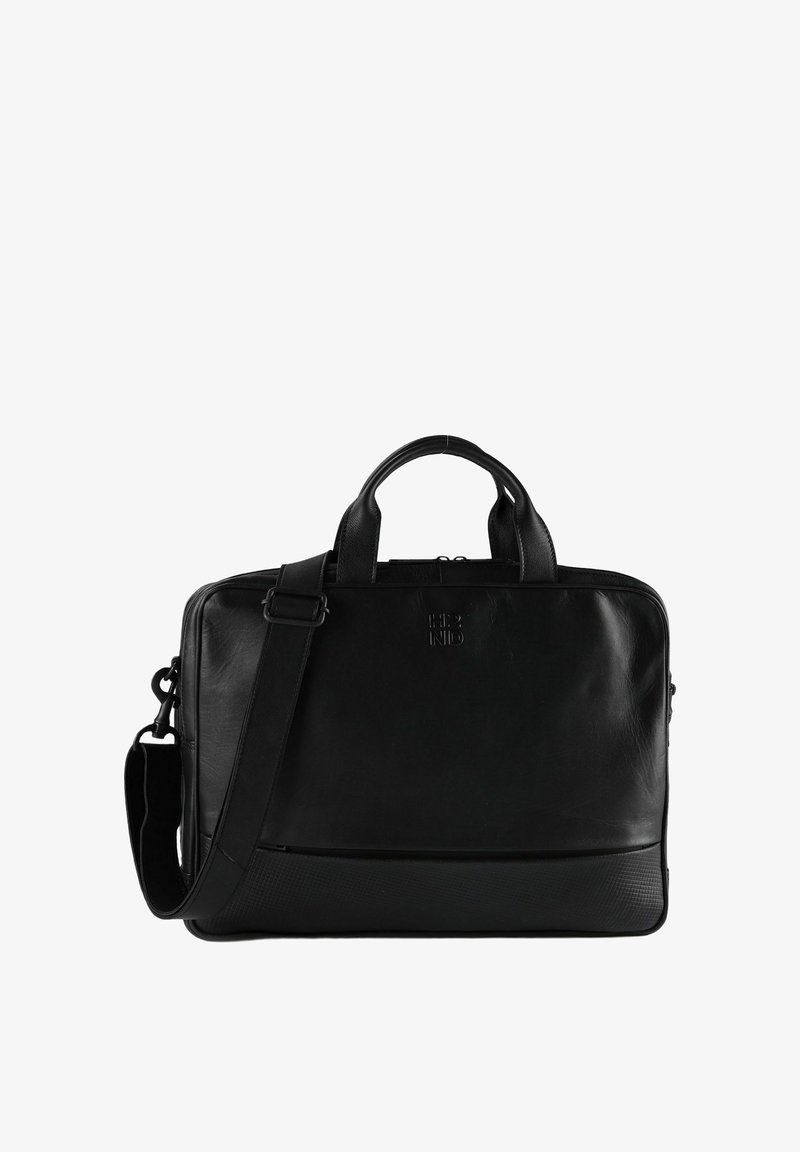 Mallette en cuir noir avec doubles poignées, bandoulière réglable, fermeture éclair et logo embossé "H12 ND" à l'avant.