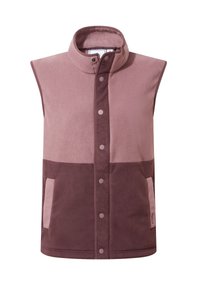 Sleeveless fleece vest in light and dark pink shades, featuring a stand-up collar, button front, and side pockets. Soft texture.