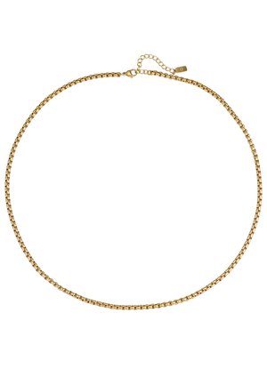 Goldfarbene Gliederkette mit Kastenschließen und Karabinerverschluss, inklusive Verlängerungskette zur verstellbaren Länge, auf weißem Hintergrund.