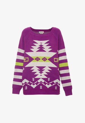 Lila Pullover mit geometrischen Mustern in Weiß und Grün. Rippkragen und gestreifte Ärmel in Weiß und Lila. Weiche Textur.
