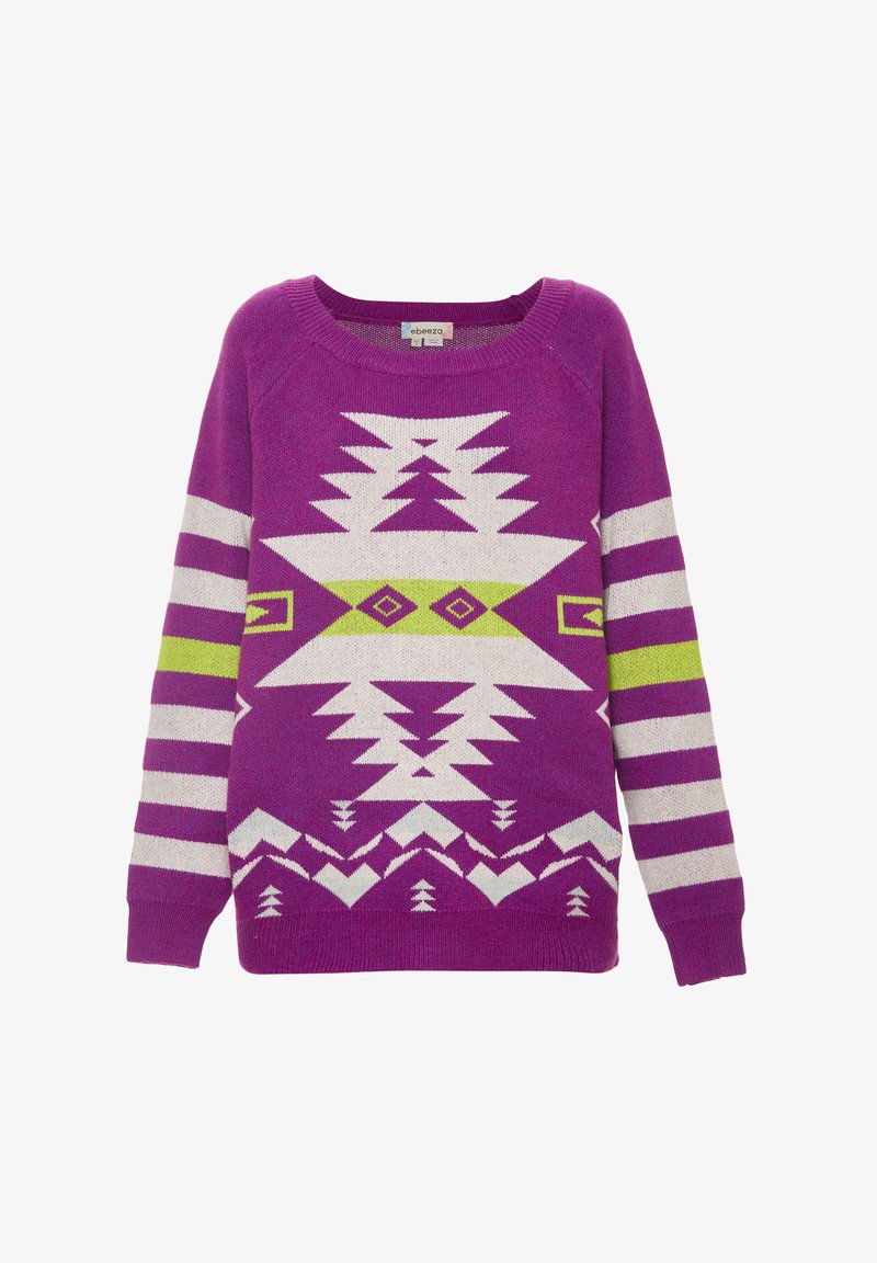 Maglione viola con motivi geometrici bianchi e verdi. Collo a girocollo a costine e maniche a righe bianche e viola. Texture morbida.