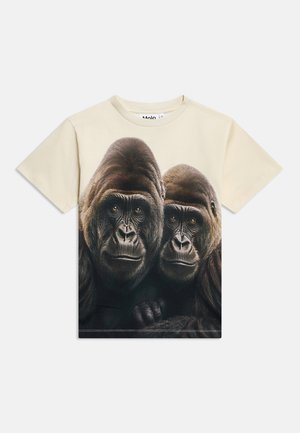 Cream short-sleeve t-shirt with a realistic print of two gorillas closely positioned, showing detailed facial features and one hand resting below.