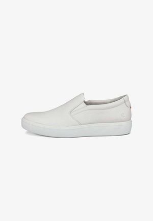 Weiße Slipper aus strukturiertem Leder, mit elastischen Seiteneinsätzen, einer dicken weißen Gummisohle und minimalistischer Gestaltung.