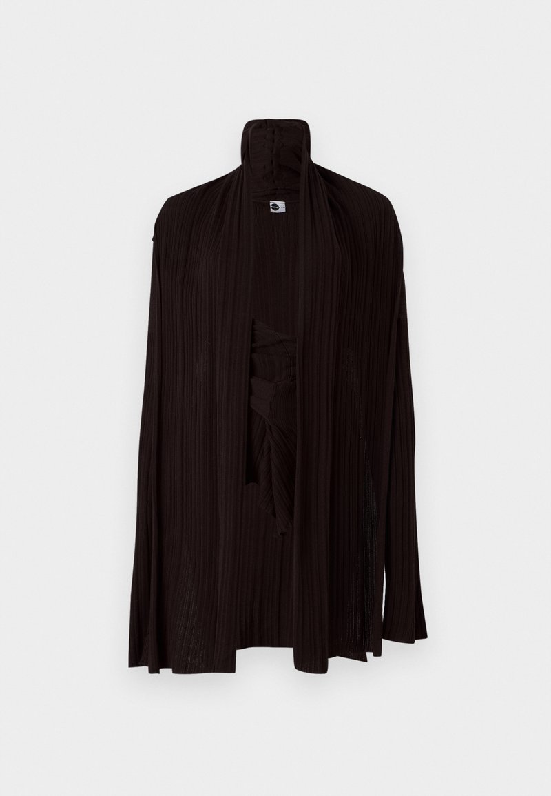 Black pleated cardigan with an open front, featuring a textured fabric and an asymmetric drape design. Long sleeves extend past the wrists.