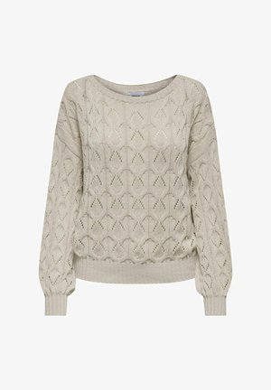 Pull en tricot beige clair avec un motif géométrique, des poignets côtelés et un large col, offrant un look texturé et une coupe décontractée.