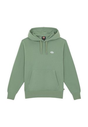 Hellgrüner Kapuzenpullover mit einer Fronttasche und Kordelzugkapuze, mit einem kleinen Logo auf der linken Brustseite. Einfarbig weißer Hintergrund.