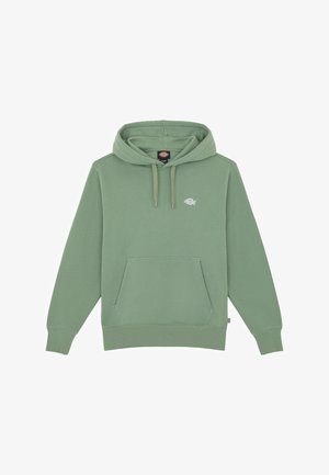 Hoodie vert clair avec une poche avant et un capuchon à cordon de serrage, arborant un petit logo sur le côté gauche de la poitrine. Fond blanc uni.