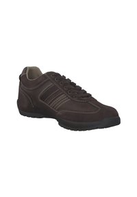 Braune Wildledersneaker mit runder Zehenpartie, Schnürsystem und kontrastierenden Nähten. Verfügt über eine strukturierte Gummisohle und seitliche Streifenakzente.