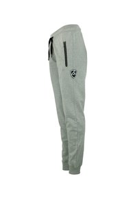 Grijze sweatpants met een zachte textuur, strakke boorden, zwarte ritszakken en een geborduurd logo op de bovenbeen. Tailleband met trekkoord.
