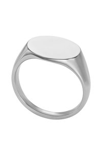 Sølv signetring med en glat, oval flade og en poleret bånd. Designet har en minimalistisk form med afrundede kanter.