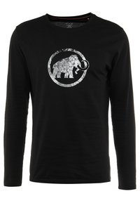 Czarna koszulka z długim rękawem wykonana z bawełny, z teksturowanym srebrnym wzorem mamuta umieszczonym w okrągłym designie na przodzie.