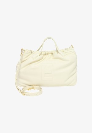 Borsa a tracolla color crema realizzata in morbido cuoio con apertura arricciata, caratterizzata da una lettera "E" incisa sul fronte e dettagli in hardware dorato.