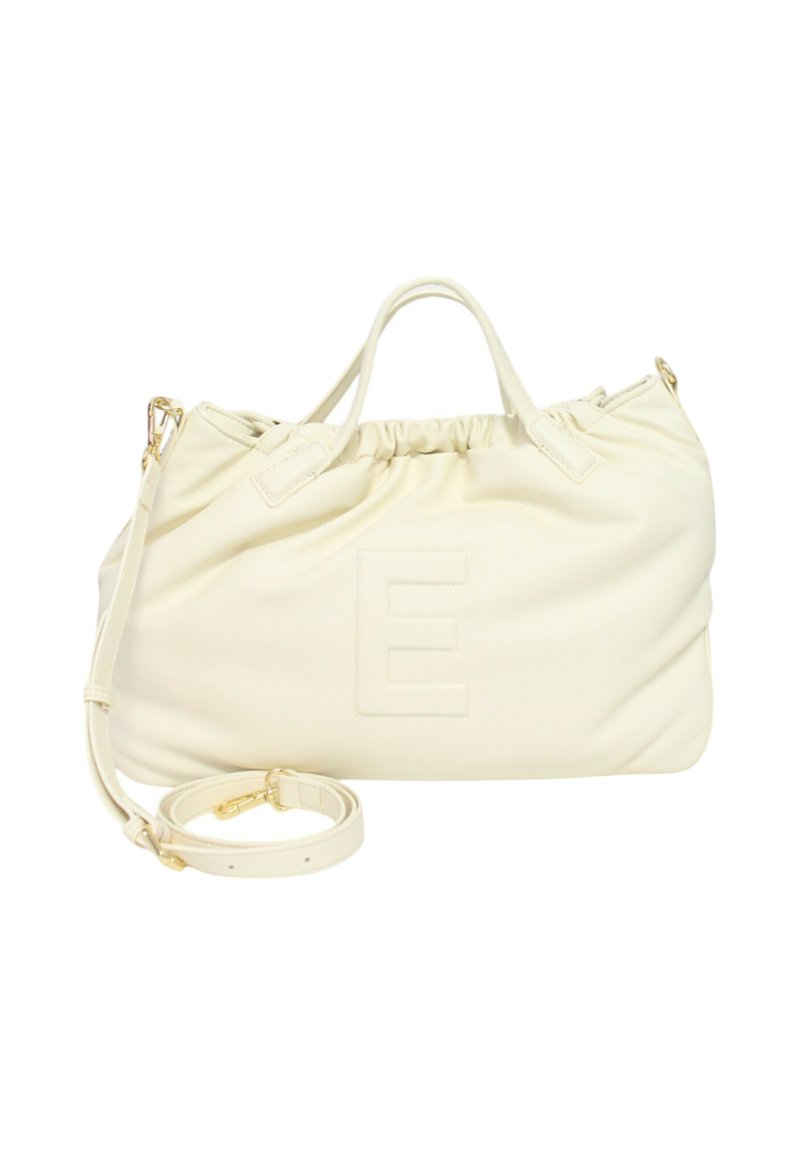 Borsa a tracolla color crema realizzata in morbido cuoio con apertura arricciata, caratterizzata da una lettera "E" incisa sul fronte e dettagli in hardware dorato.