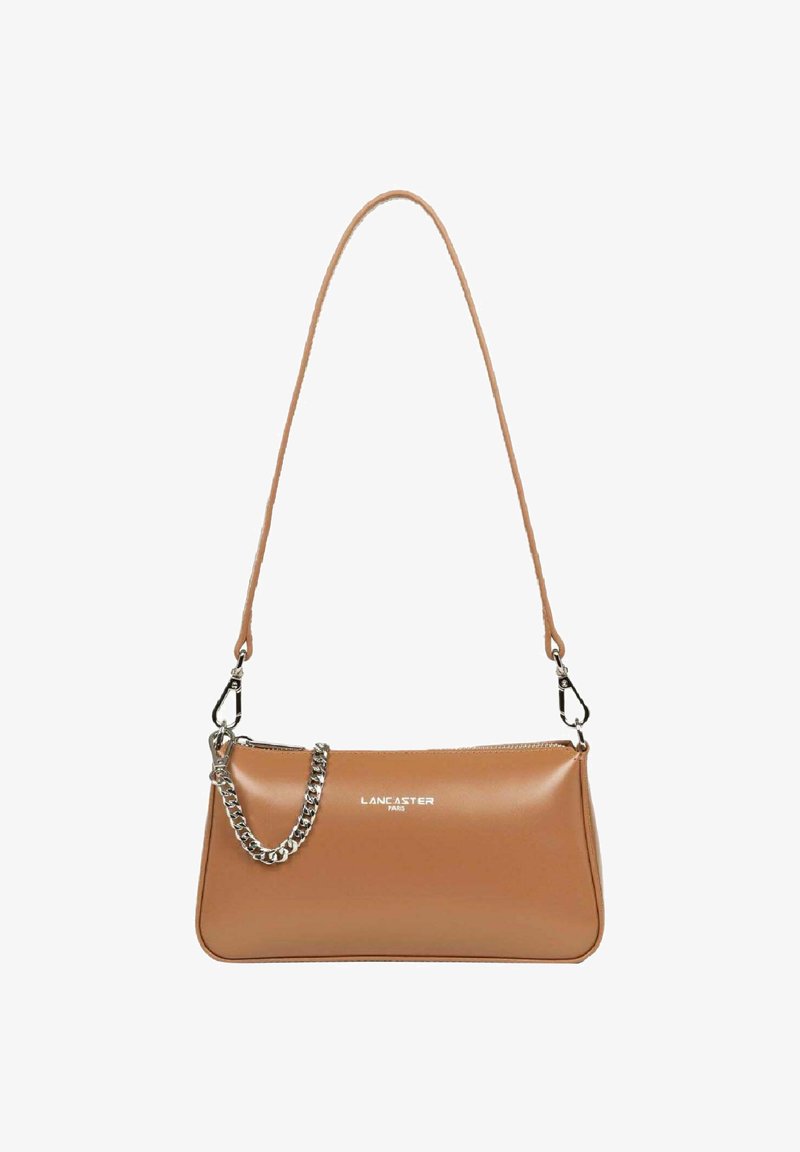 Tan synthetic shoulder bag with sleek design, silver chain accent, and embossed logo. Features a slim silhouette and detachable strap.