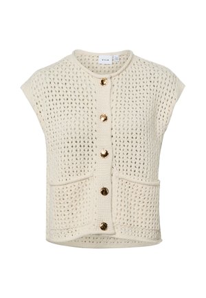 Cremefarbige, gestrickte ärmellose Strickjacke mit offenem Muster, Fronttaschen und fünf glänzenden goldenen Knöpfen in der Mitte.