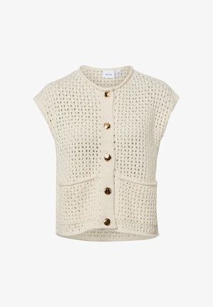 Cardigan smanicato color crema in maglia con motivo a trama aperta, tasche frontali e cinque bottoni dorati lucidi al centro.