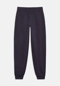 Calças de moletom azul marinho com cintura elástica e acabamentos elásticos nas pernas, feitas de um tecido macio, apresentando uma textura suave e um design leve.