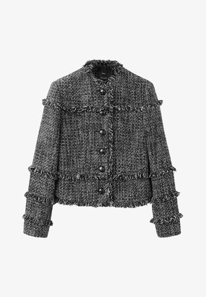 Jachetă din tweed alb-negru cu margine cu franjuri, decolteu rotund, mâneci lungi și închidere cu nasturi negri în față.
