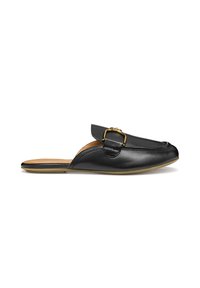 Mules en cuir noir, à enfiler, ornés d'une boucle dorée, à bout rond, semelle plate et texture lisse ; design décontracté avec une couleur intérieure contrastante.