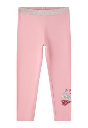 Leggings rosa con una fascia elastica glitterata, caratterizzati da un design a cuore colorato e scintillante e dalla scritta "let you." Materiale morbido e elasticizzato.