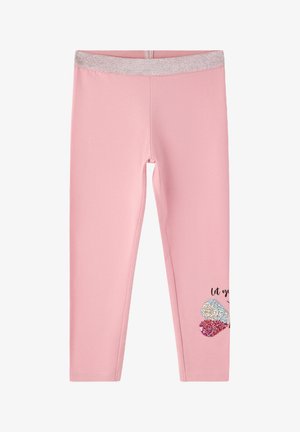 Leggings rosa con una fascia elastica glitterata, caratterizzati da un design a cuore colorato e scintillante e dalla scritta "let you." Materiale morbido e elasticizzato.