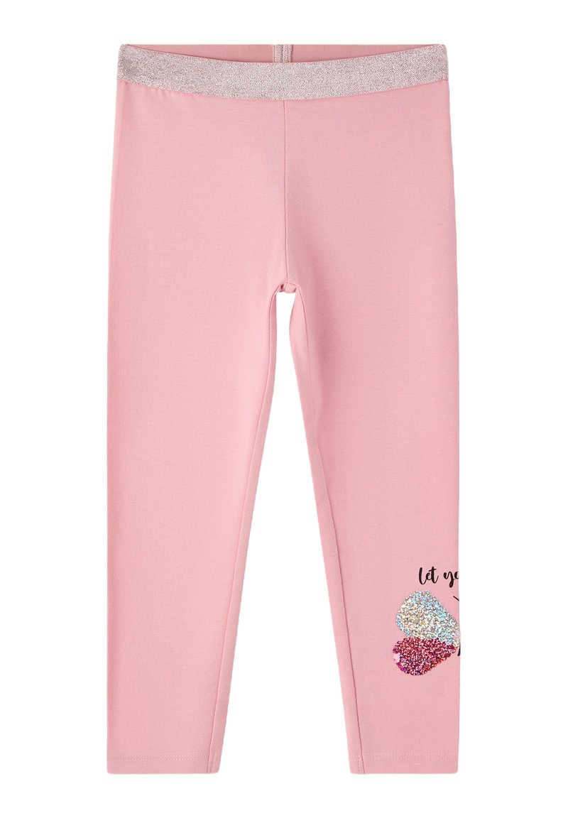 Różowe legginsy z błyszczącym elastycznym paskiem w talii, z kolorowym, błyszczącym wzorem w kształcie serca oraz napisem "let you." Miękki, elastyczny materiał.